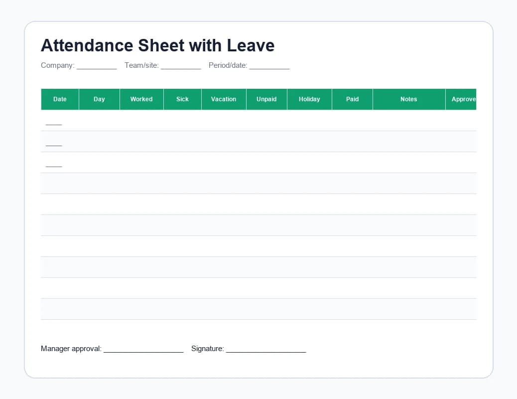 Jelenléti ív távollétekkel Excel sablon előnézete