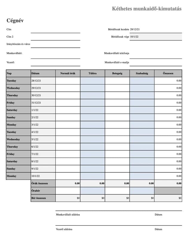 Munkaidő-nyilvántartás szabadsággal és betegszabadsággal Excel előnézet