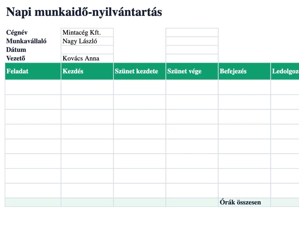 Excel előnézet: Napi munkaidő-nyilvántartás