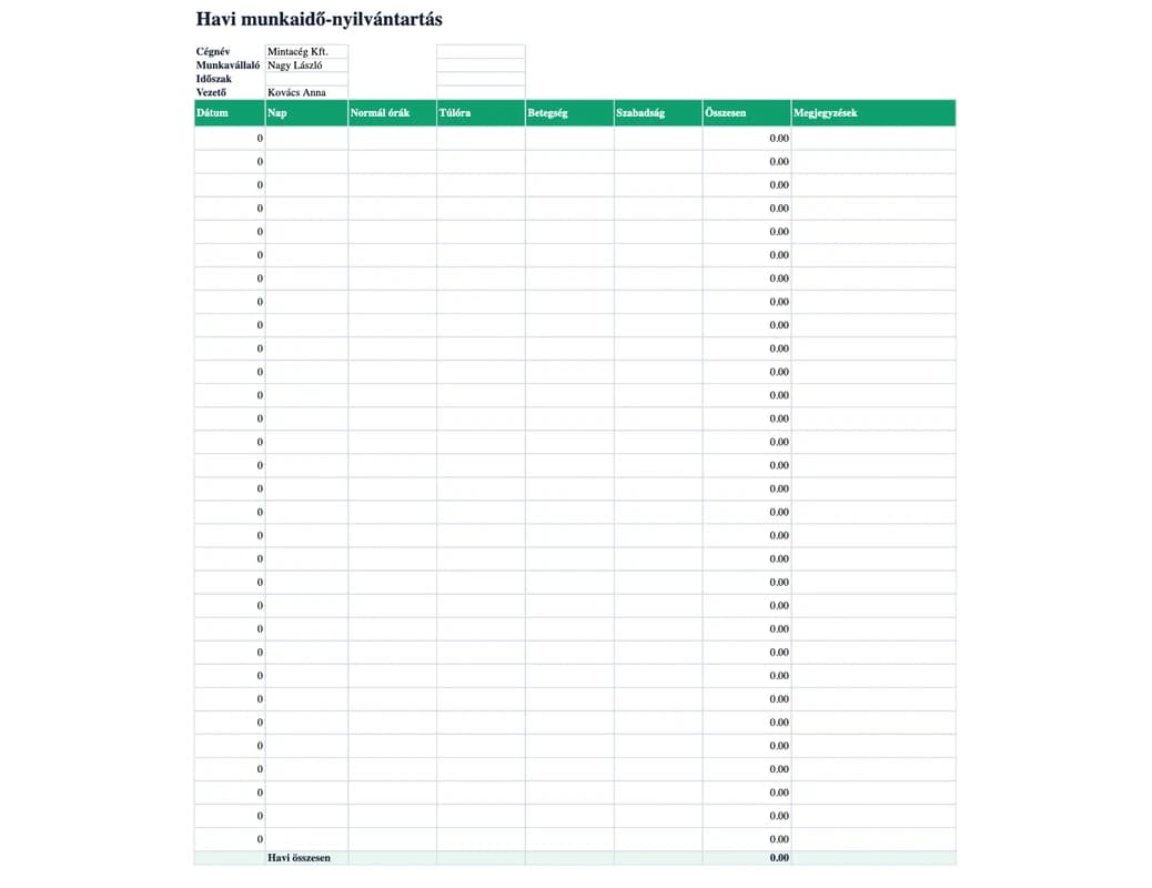 Excel előnézet: Havi munkaidő-nyilvántartás