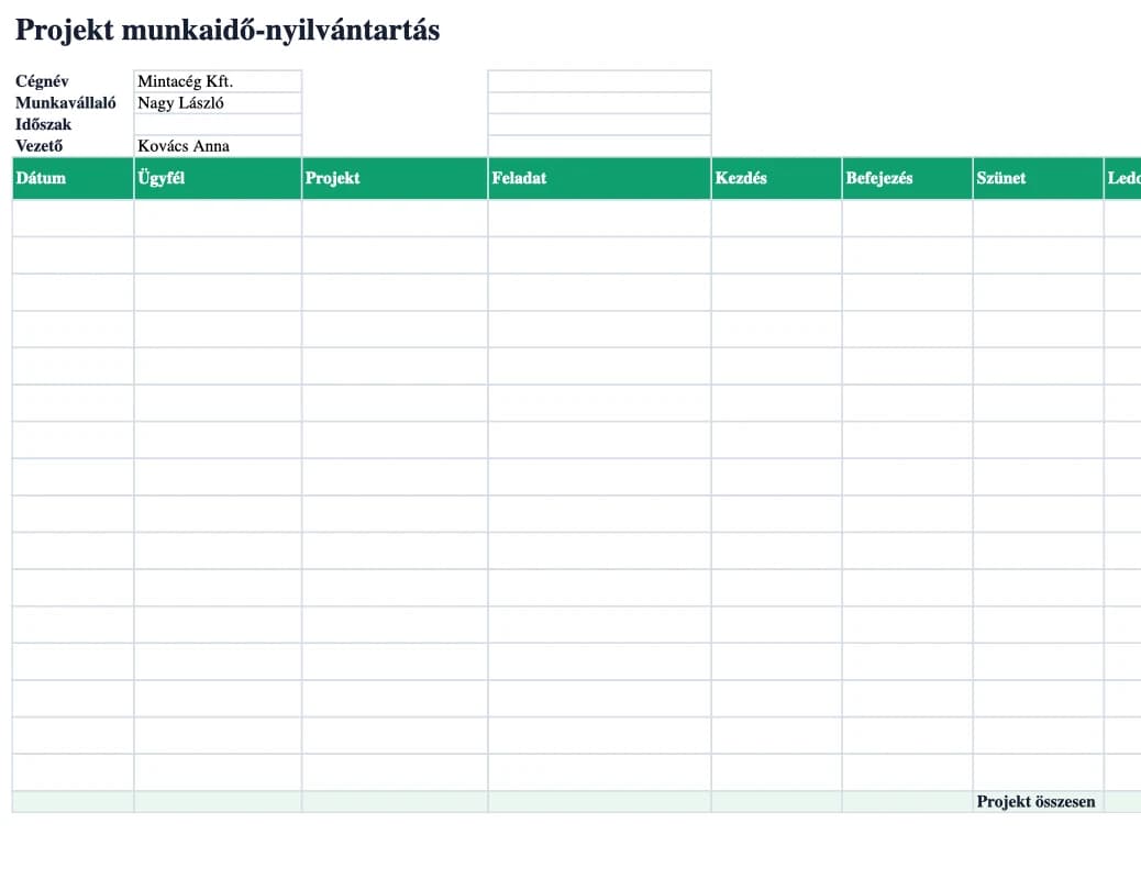 Excel előnézet: Projekt munkaidő-nyilvántartás
