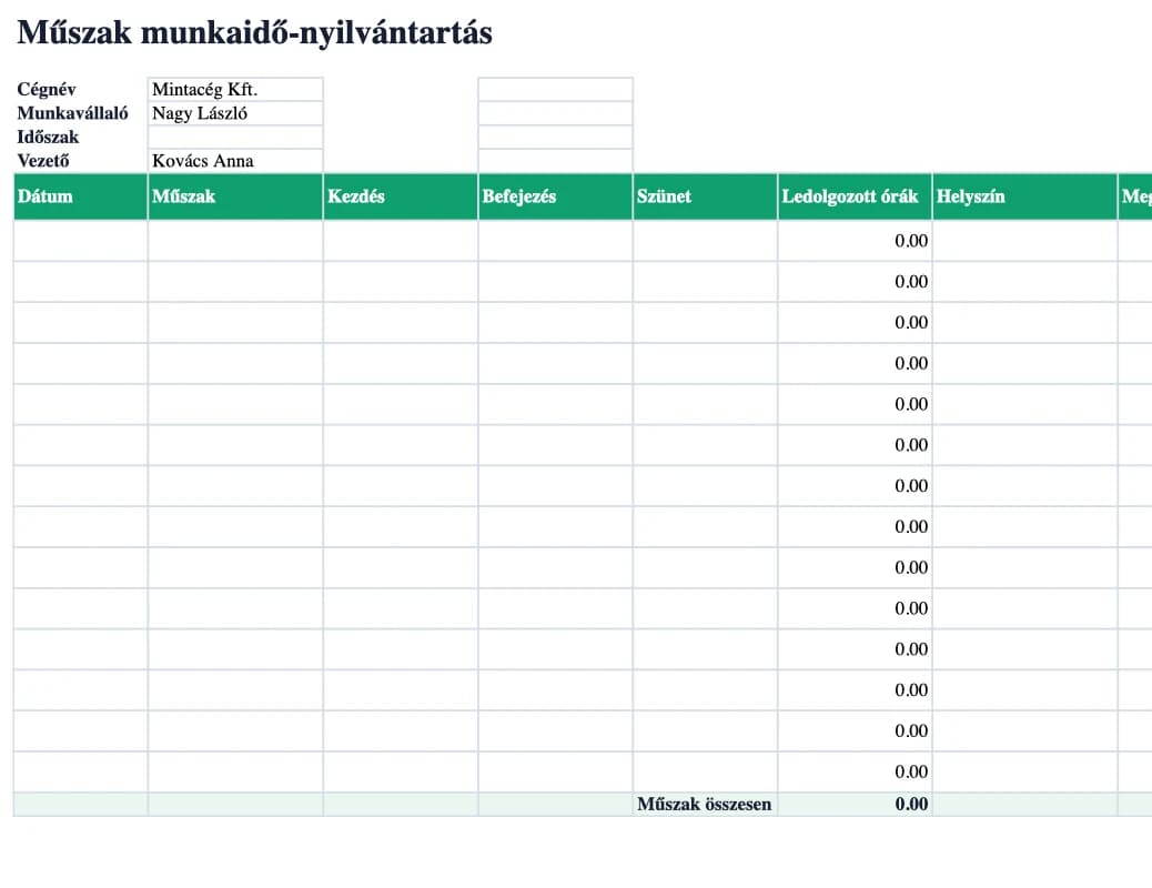 Excel előnézet: Műszak munkaidő-nyilvántartás