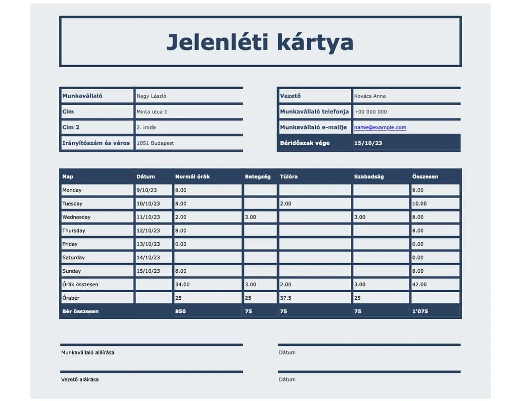 Jelenléti ív Excel sablon kezdés, befejezés és szünet mezőkkel
