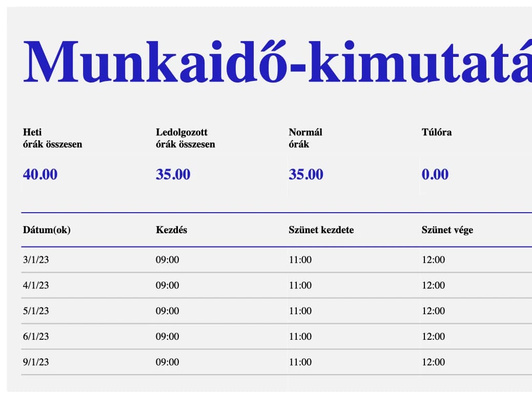 Heti munkaidő-nyilvántartás Excel sablon előnézete