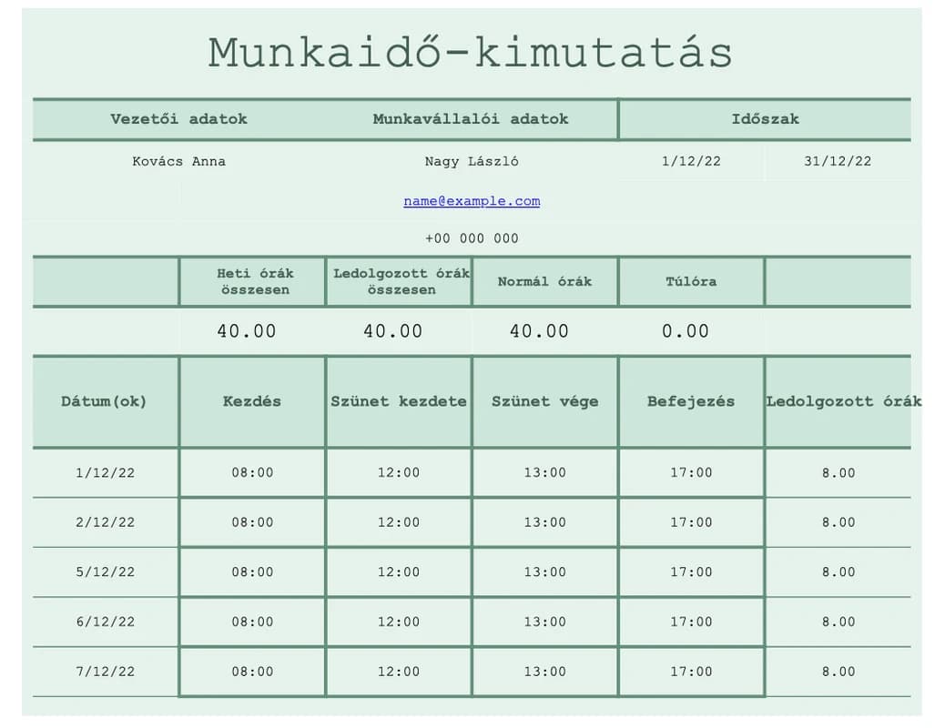 Projekt munkaidő-kimutatás Excel sablon részletes órabontással